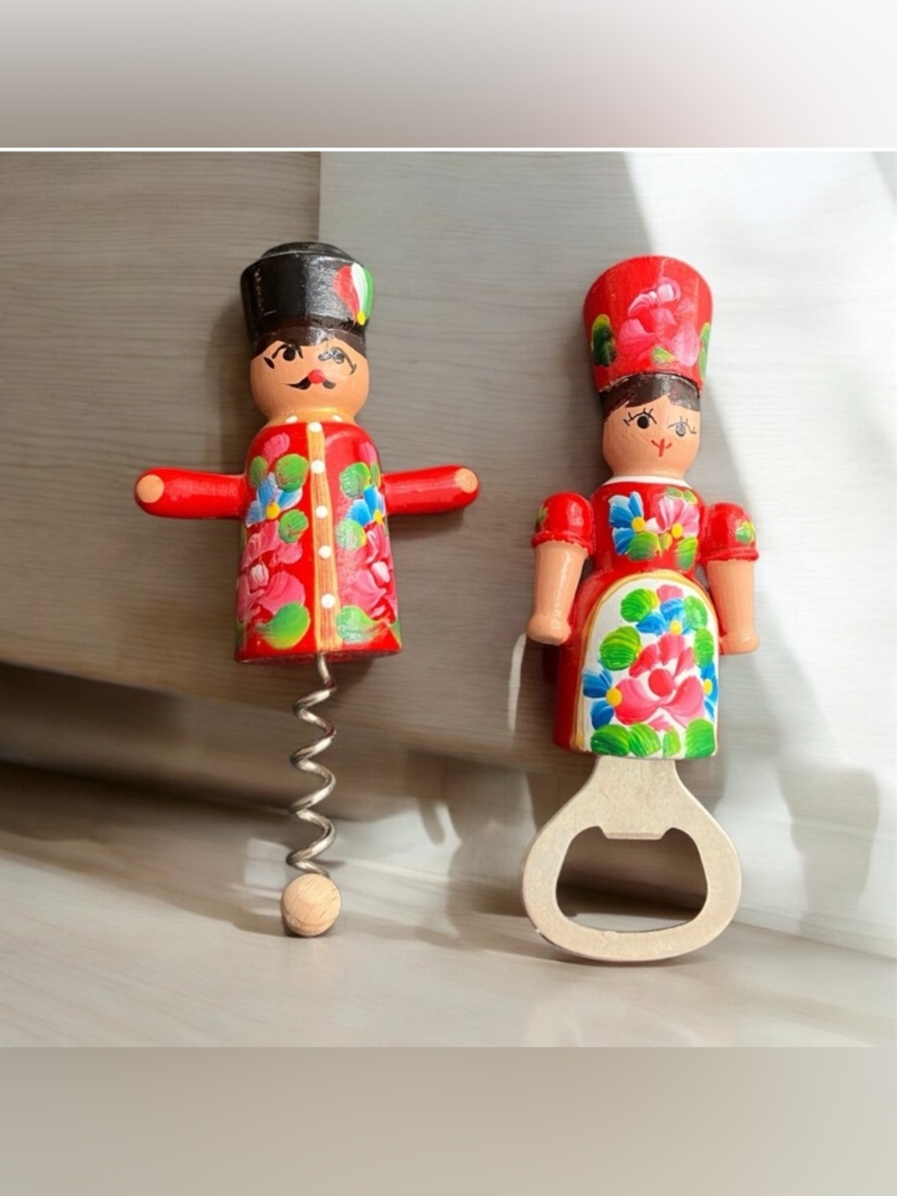Folk Art Budapest Hungary Tradition Wood Man Cork Screw and Woman Bottle Opener